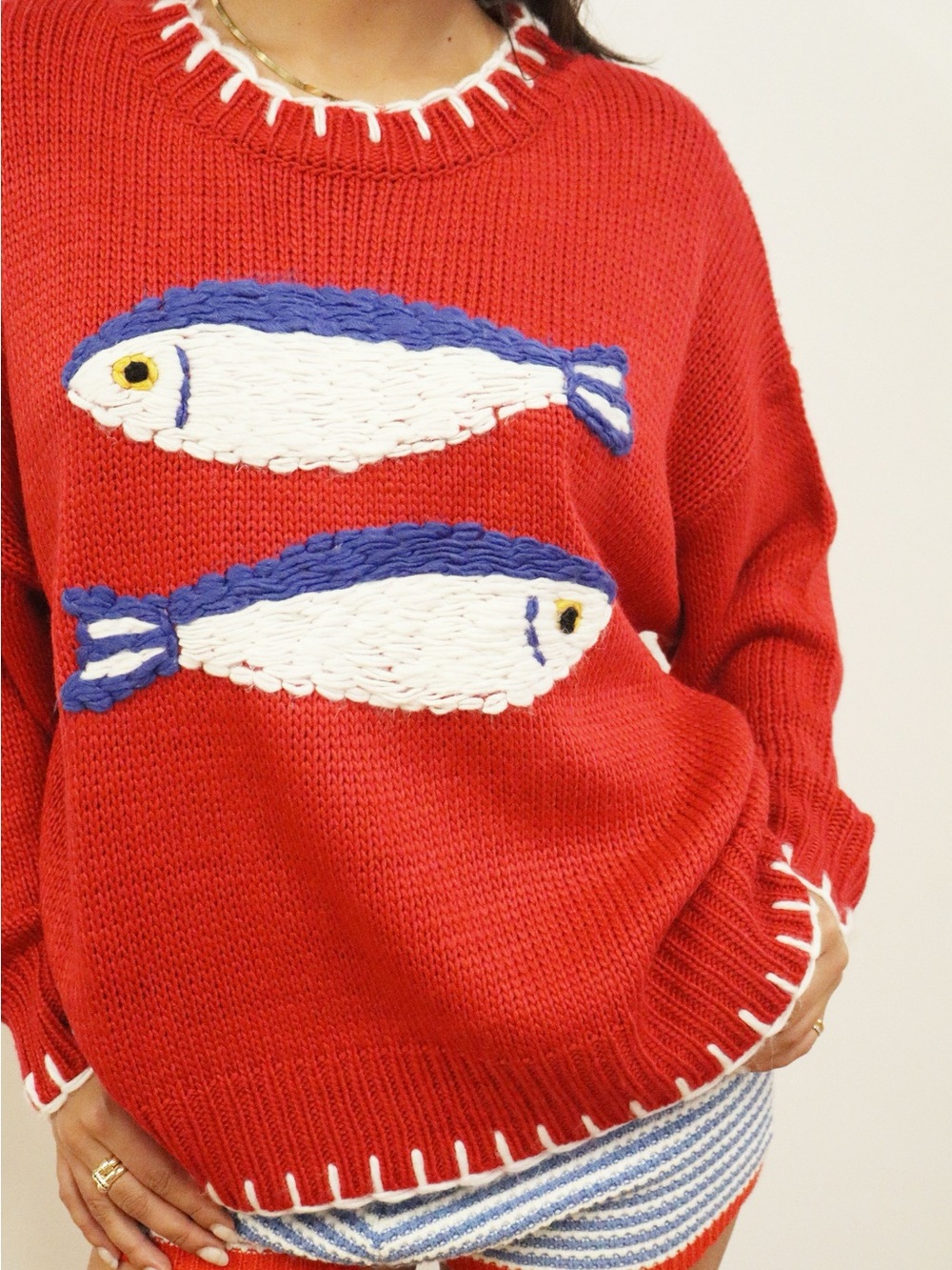 These Three Bailey Rose Knitted Fish Sweater-Red S